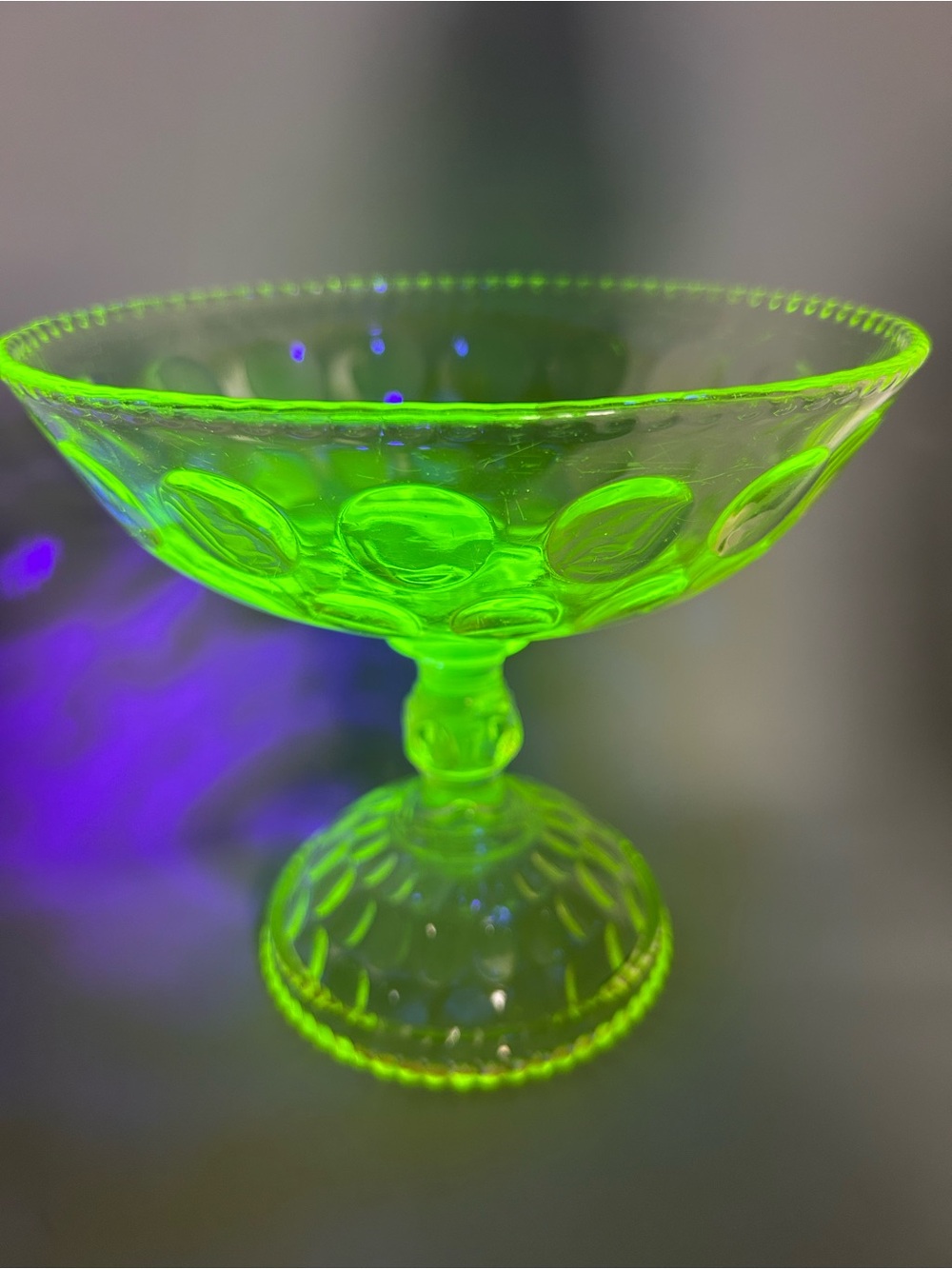 Vintage Uranium Glass French Dot (Inverted Thumbprint) Yellow Pedestal Dish MCM
